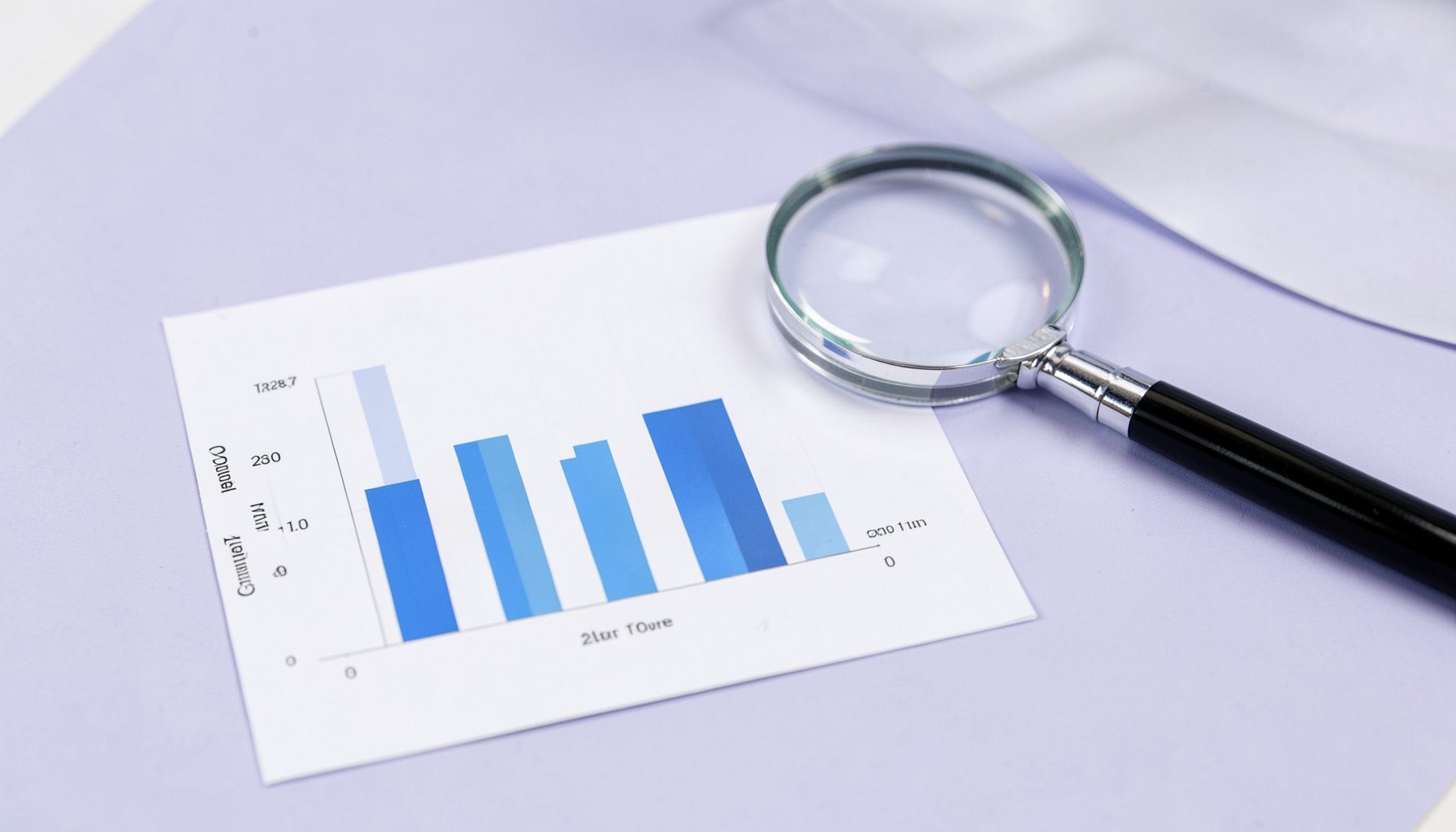 A bar chart and a magnifying glass resting on a light lavender desk, suggesting a calm review of salary figures and comparisons