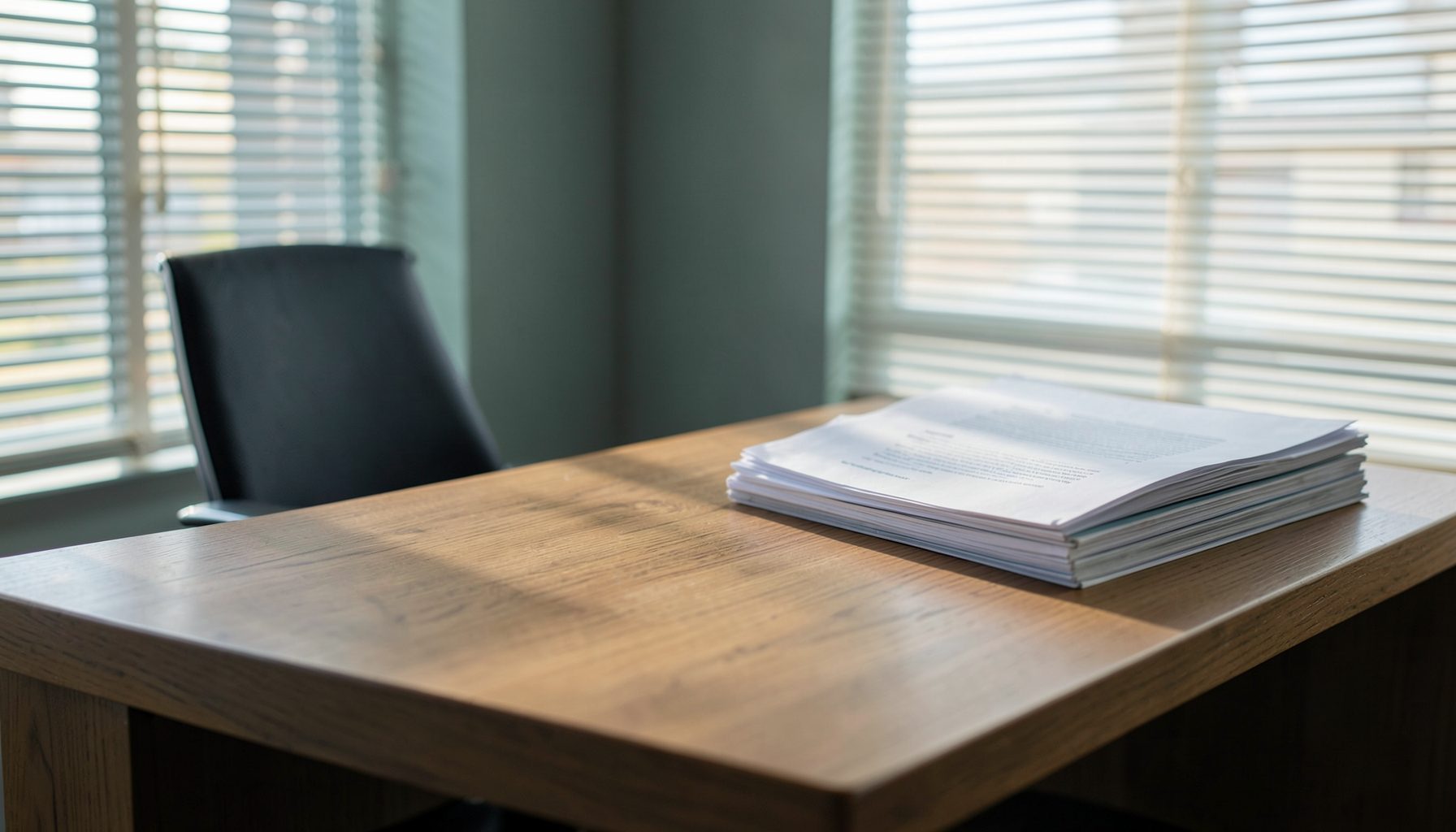 A calm office workspace with a wooden desk, a neat stack of documents, and soft natural light filtering through blinds