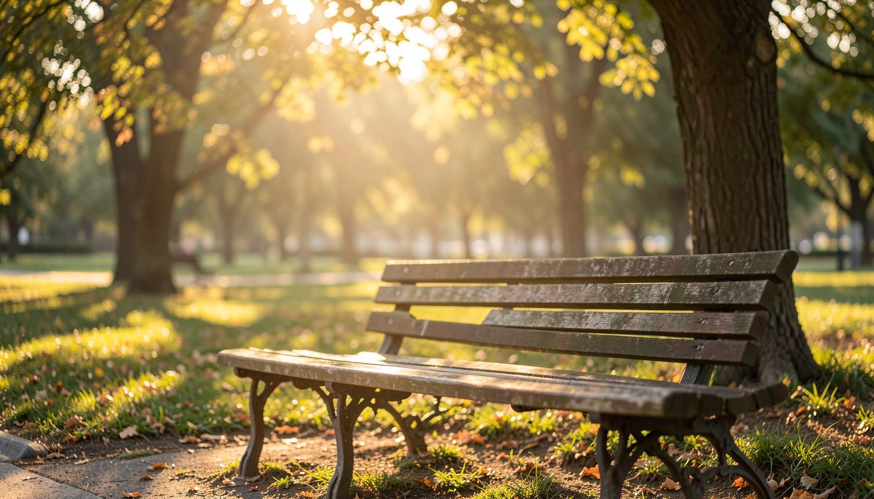 A calm, warm-toned scene of a peaceful morning with soft golden sunlight filtering through trees onto a quiet park bench