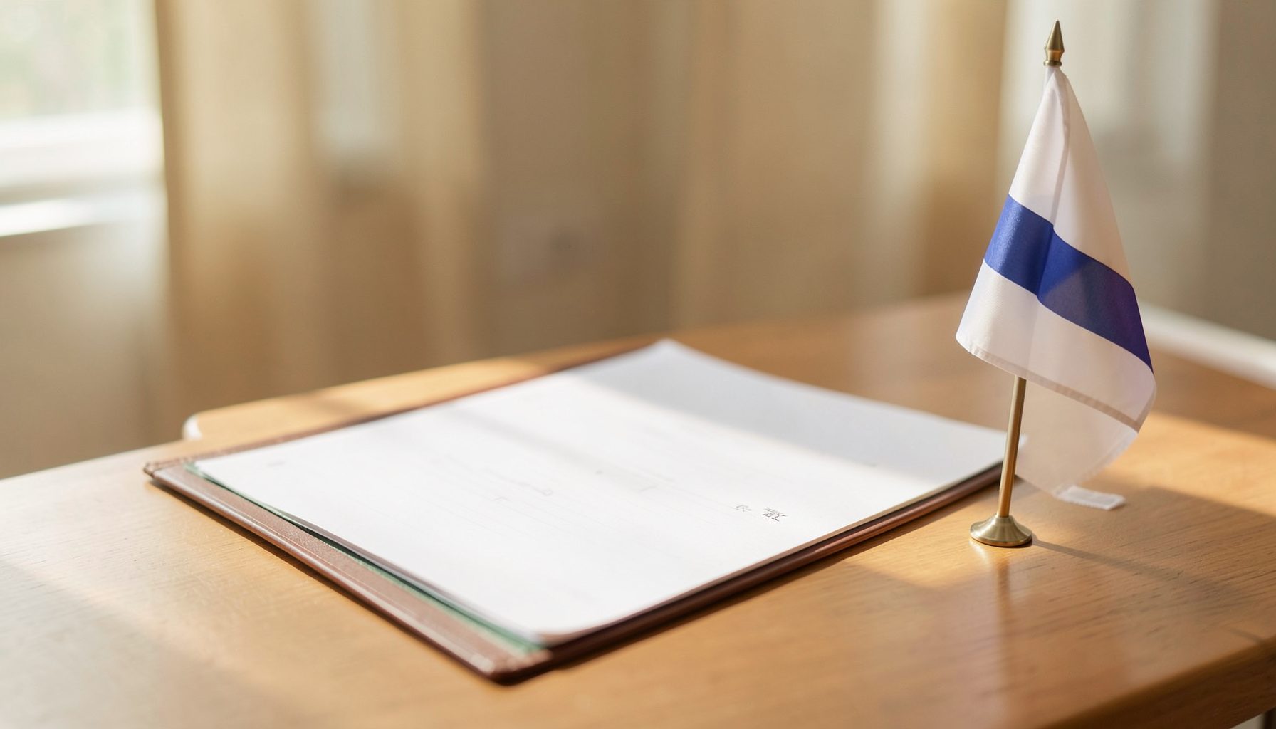 A clean desk with an open document folder and a small Indonesian flag, warm natural light, calm and professional atmosphere