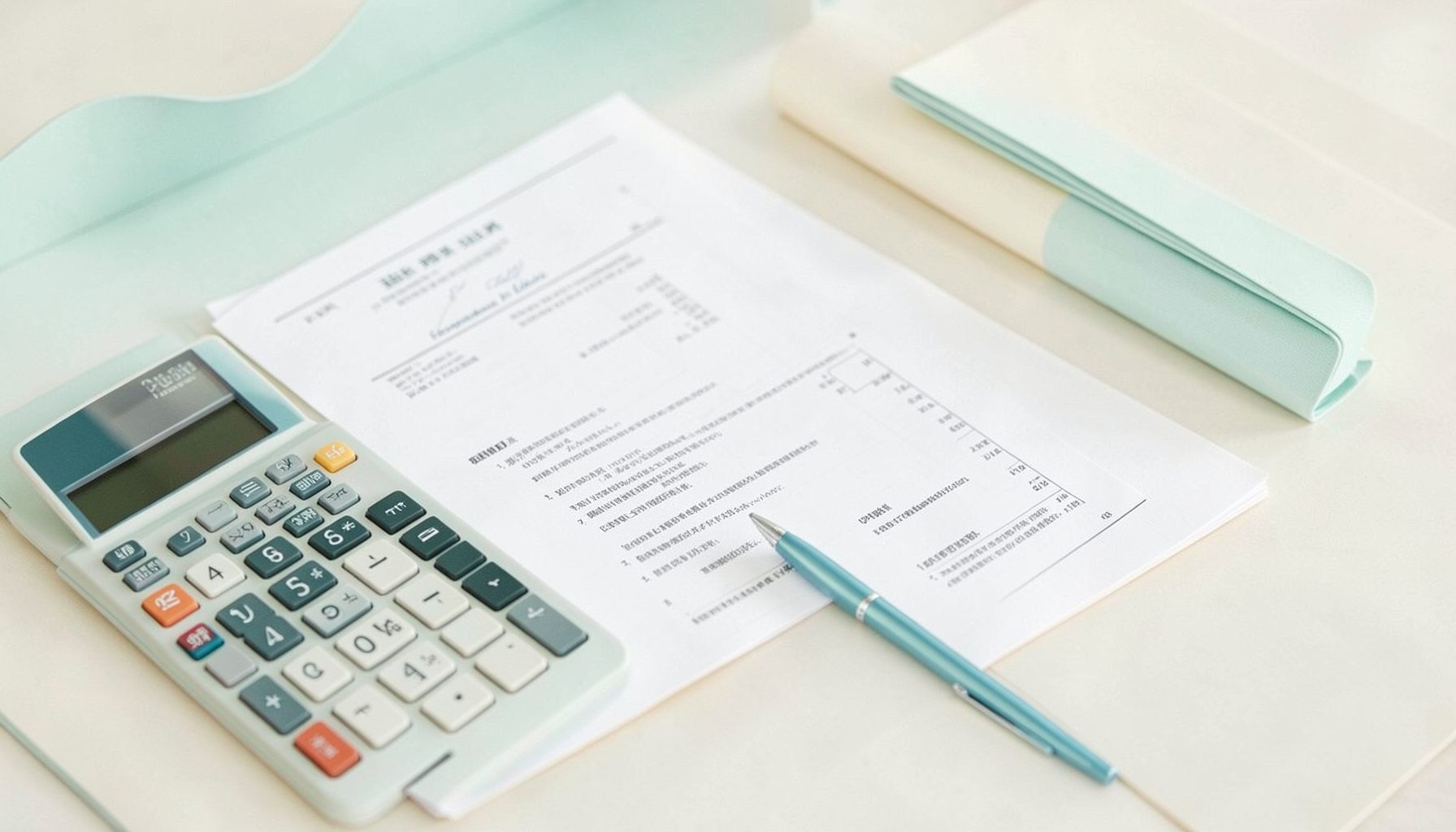 A clean desk with official documents, a calculator, and a pen in soft teal and cream tones, conveying a calm administrative mood