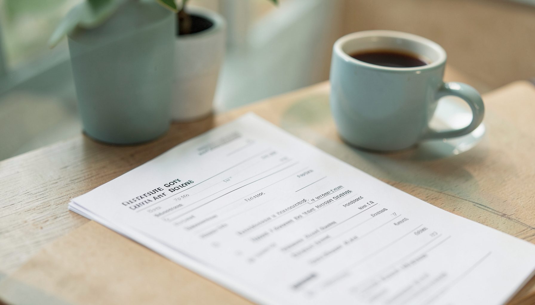 A close-up of a registration form on a desk next to a cup of coffee, with soft teal and warm beige tones