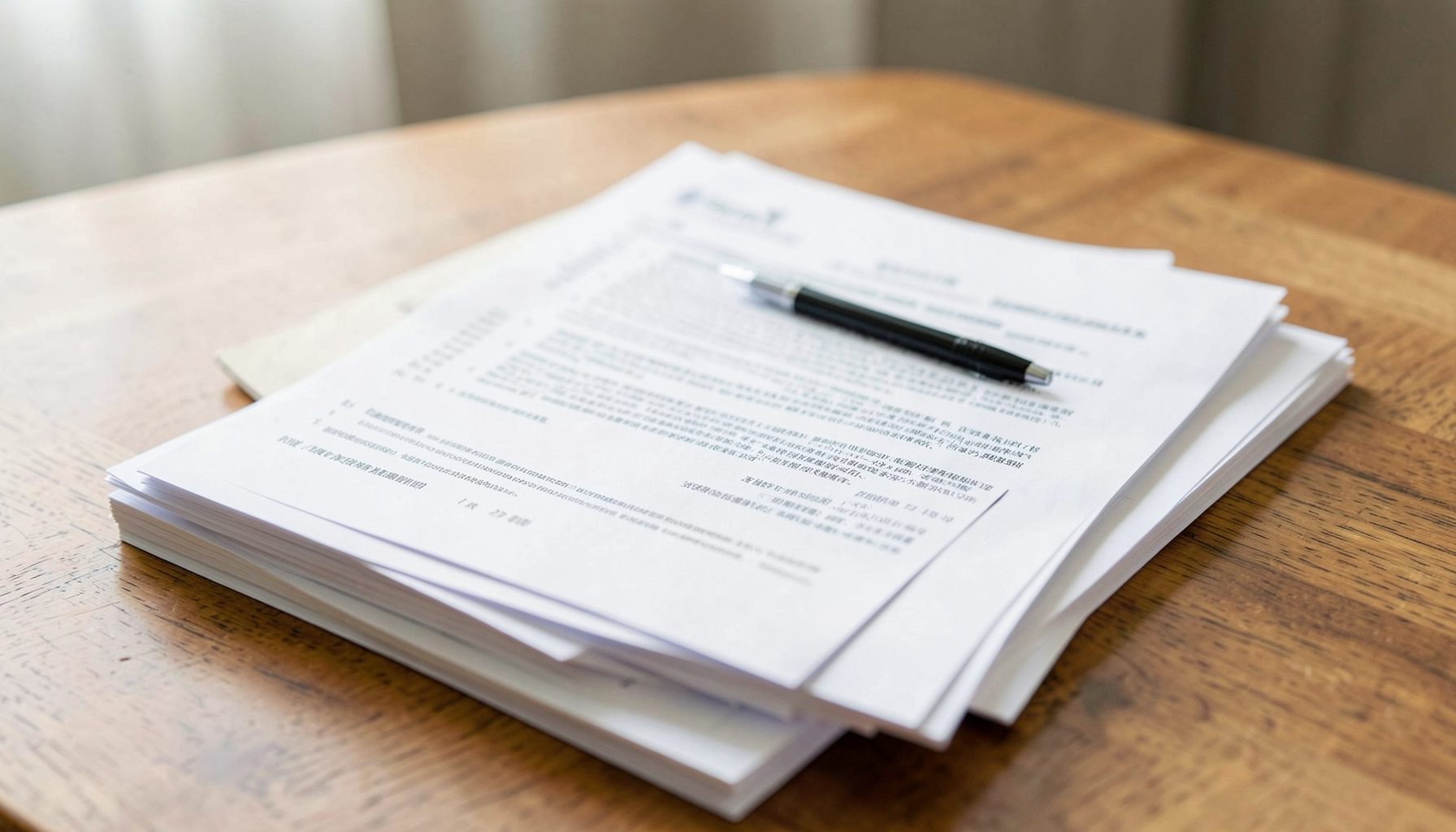 A neatly arranged stack of official-looking documents with a pen on a wooden table, soft daylight, orderly and trustworthy mood