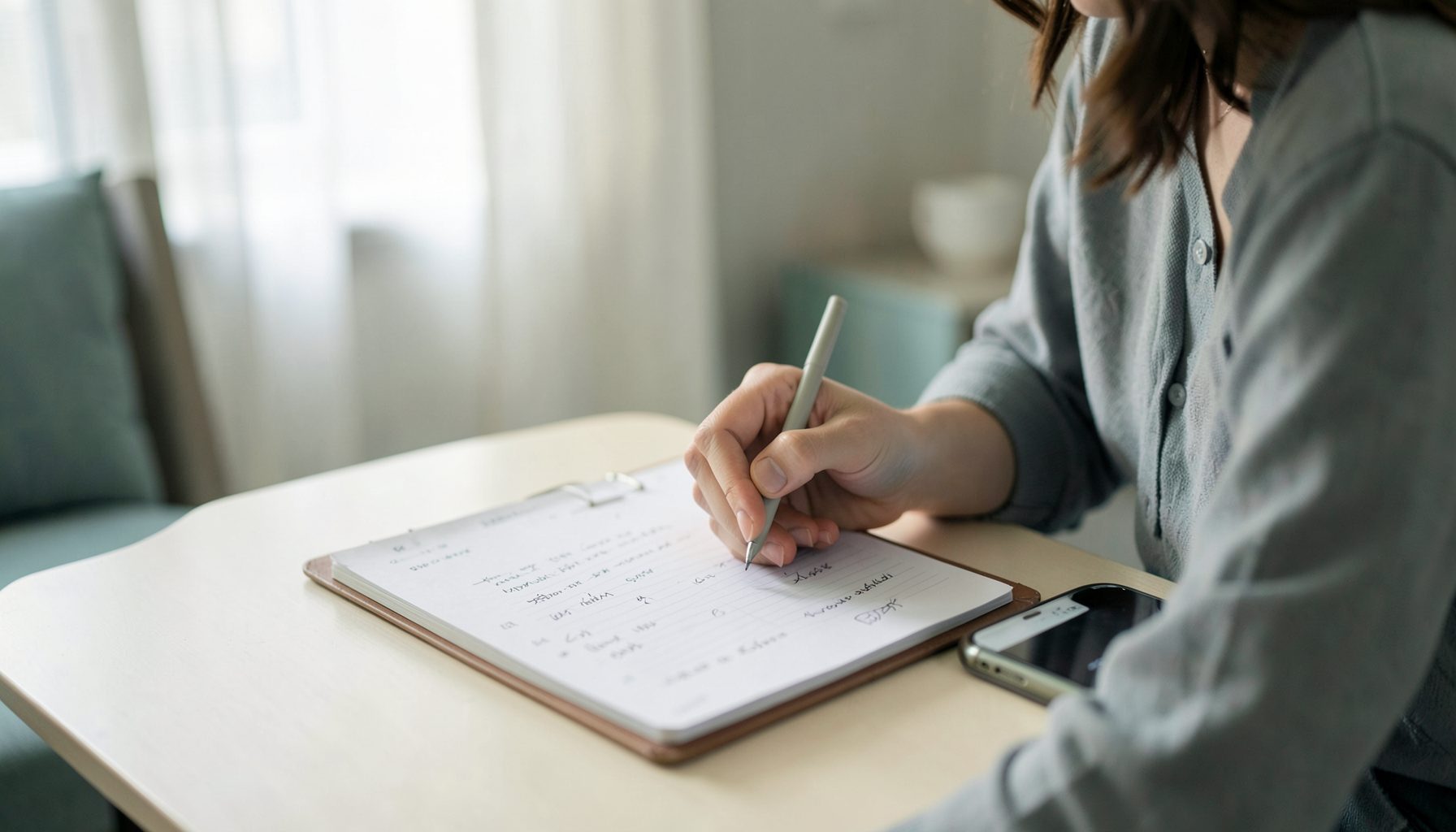 A person writing in a planner with a smartphone nearby, calm indoor setting with soft natural light, muted teal and cream tones