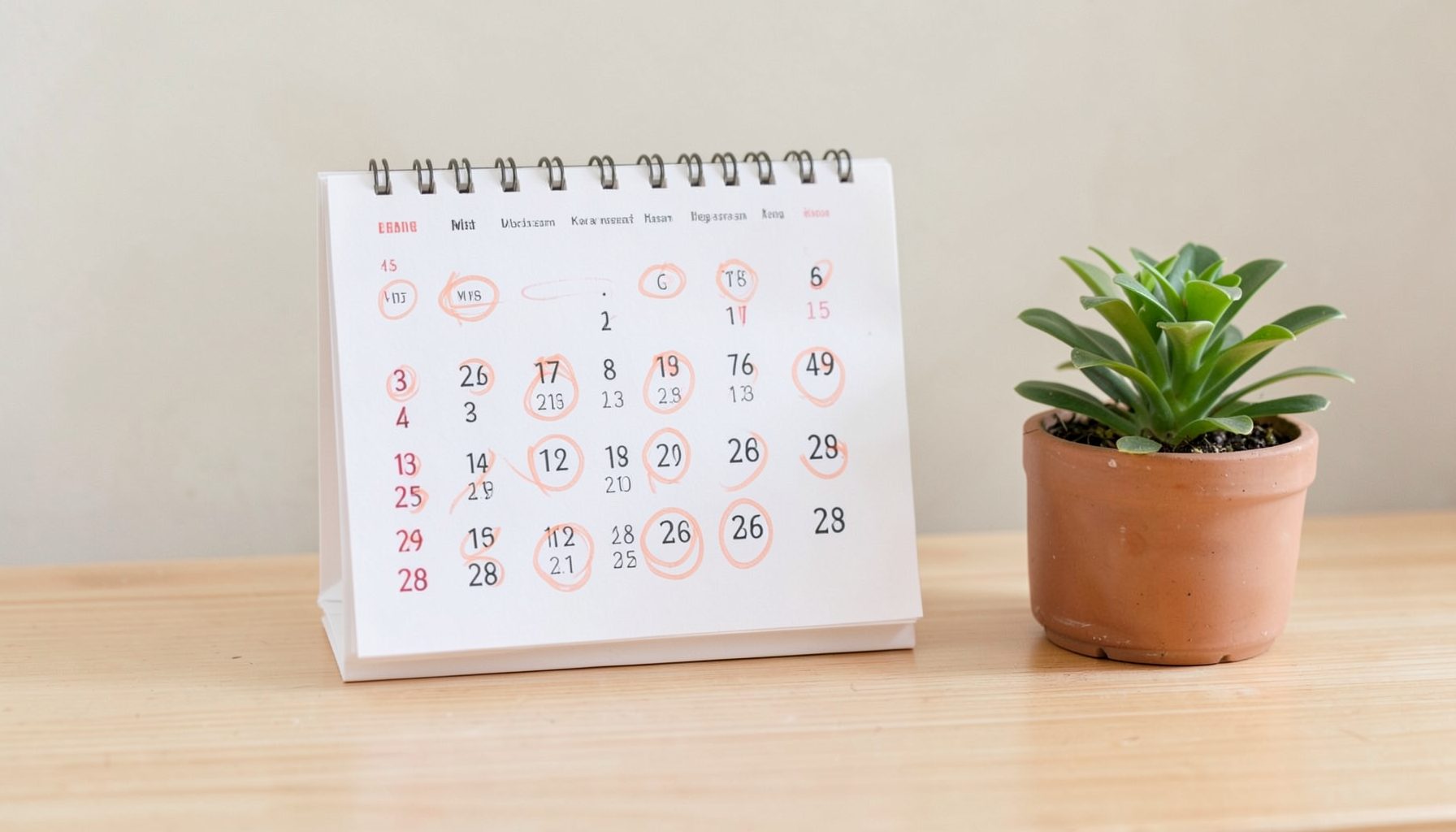 An Indonesian wall calendar with several dates circled in soft coral ink, resting on a light wooden desk beside a small item, calm and organized mood