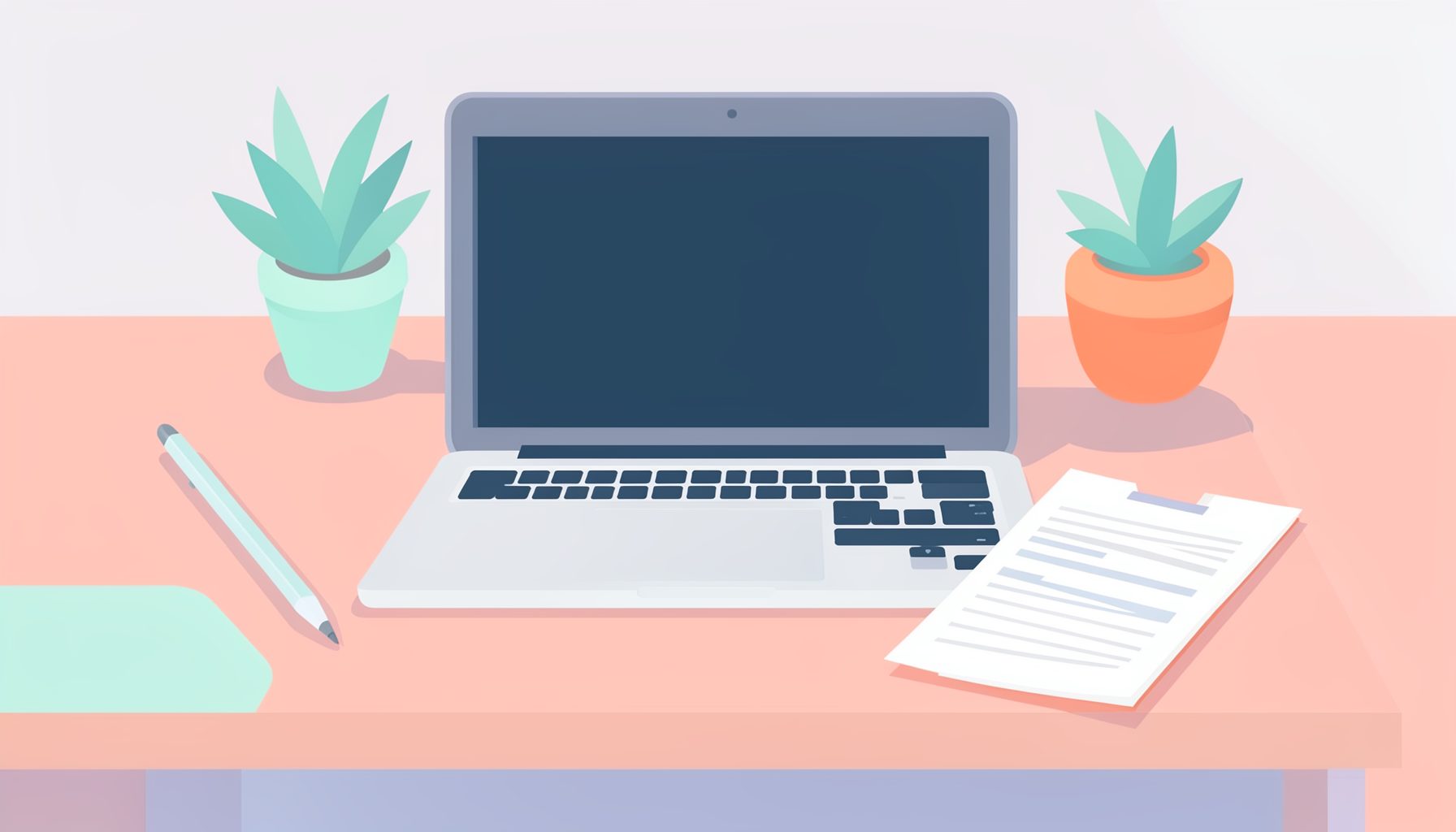 Flat illustration of a tidy desk with a laptop, documents, and a small potted plant in soft teal, mint, and lavender tones, calm and organized mood