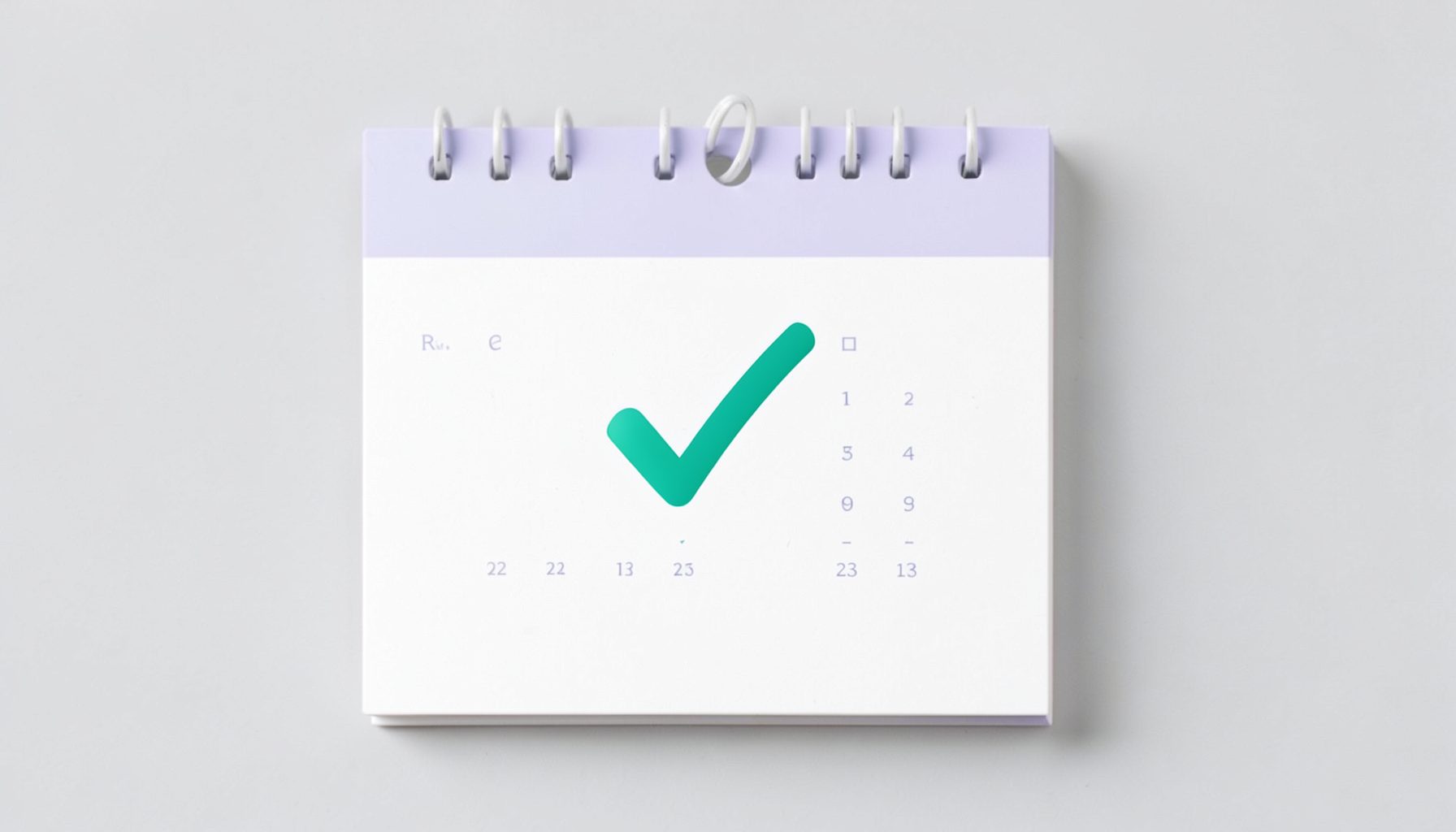 Illustration of a calendar page with a small checkmark and leaf icon in teal and lavender colors, restful and organized