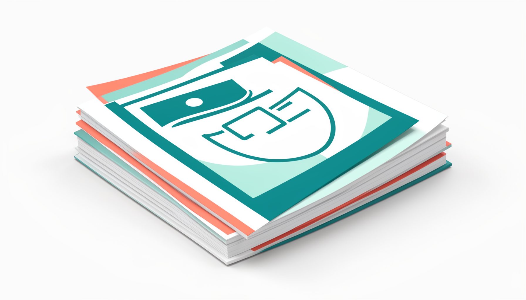 Illustration of a stack of official-looking documents and a stamp icon in teal, coral, and white tones, formal and steady mood